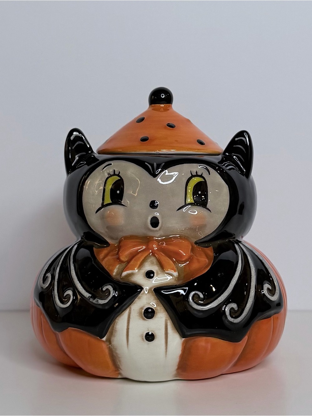 Halloween Cat Pumpkin Ceramic Sugar Jar in Black and Orange